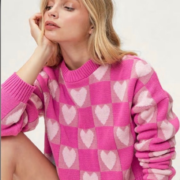 Nasty Gal Checkered Pink Heart Print Sweater and Shorts Set - Picture 2 of 4